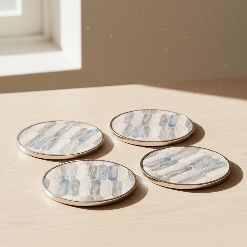 Four ceramic coasters with a watercolor design on a beige surface.