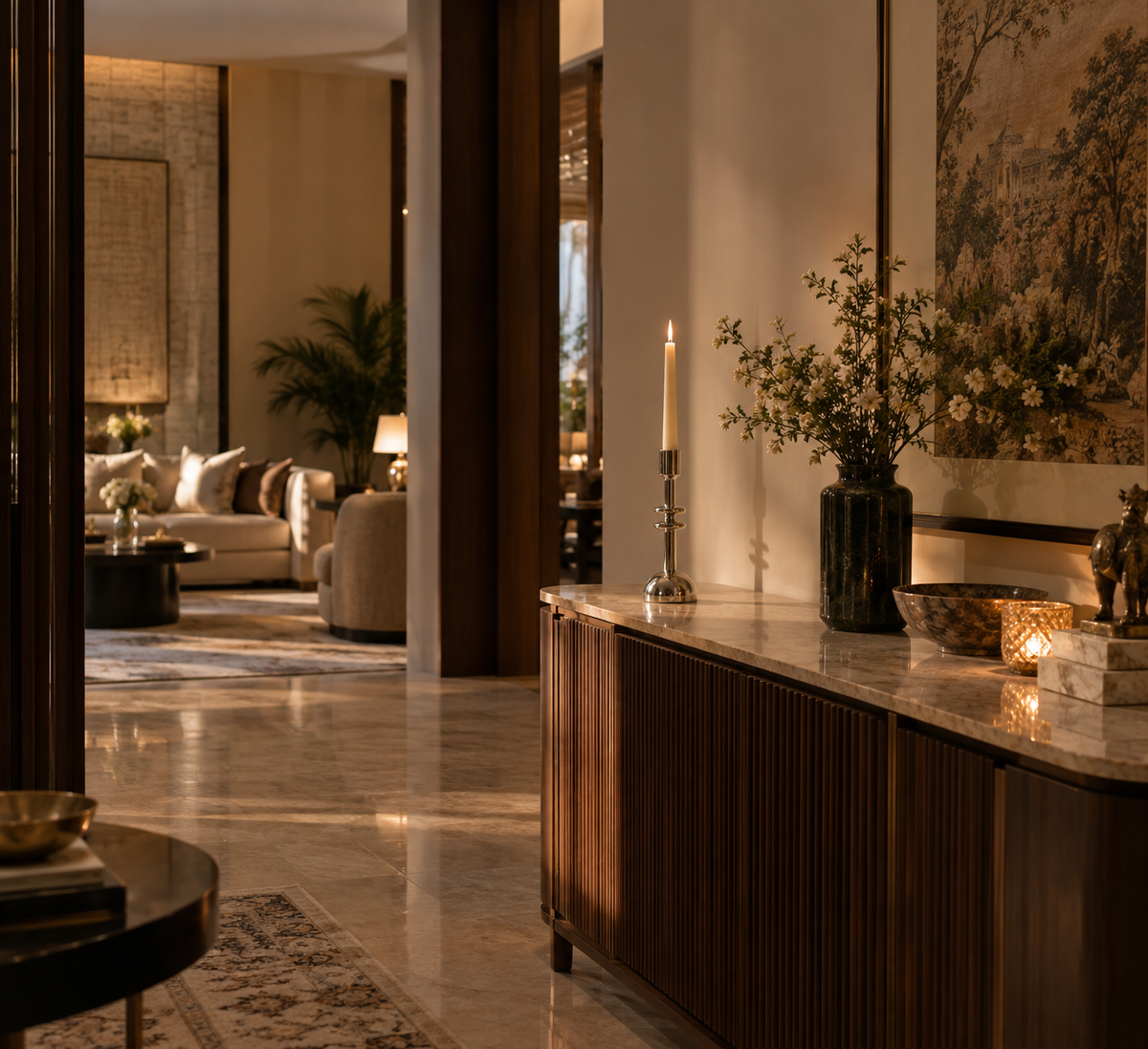 A warm, elegant interior scene with a dark wood console cabinet featuring a marble countertop, styled with a black vase of branches, a lit candle in a silver holder, and a glowing lantern. In the background, a softly lit living room with cream sofas and warm ambient lighting is visible.