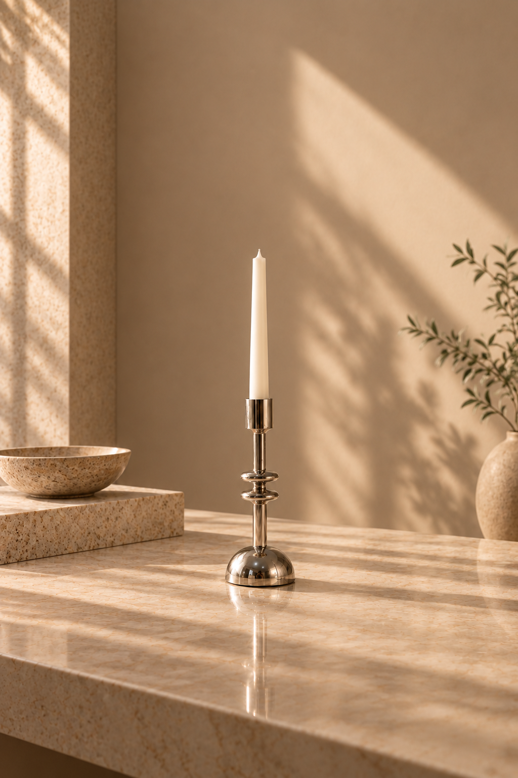 A silver-toned metal candlestick holder with a white taper candle sits on a polished beige stone countertop in a warm, sunlit room with soft shadows cast across the wall.