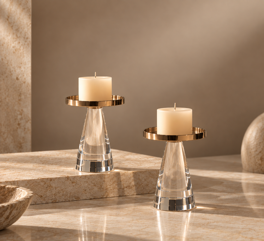 Two clear glass candle holders with gold-toned circular rings and cream pillar candles, styled on a polished stone surface against a warm beige background.