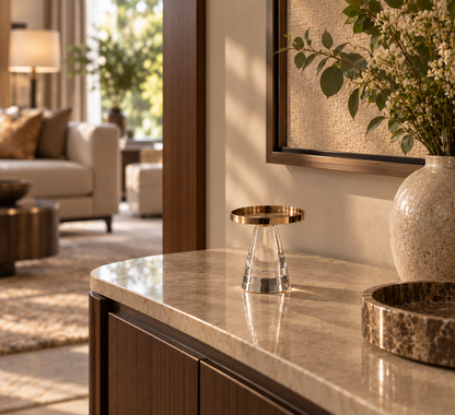 A small clear acrylic jewelry stand with a brushed gold circular top, displayed on a polished beige marble countertop in a modern, sunlit living room setting.