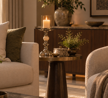 A styled living room scene with a cream sofa, olive and patterned throw pillows, a dark marble coffee table, a round side table with a lit candle, and warm ambient lighting in an elegant interior.
