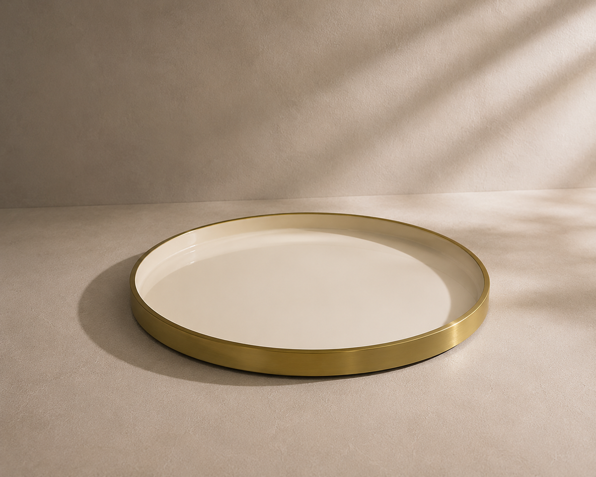 Navom Prana Aluminium Centerpiece Platter with Enamel Food Safe Laminate Interior and Brushed Gold Metallic Rim for Luxury Festive Table Decor and Corporate Diwali Gifting