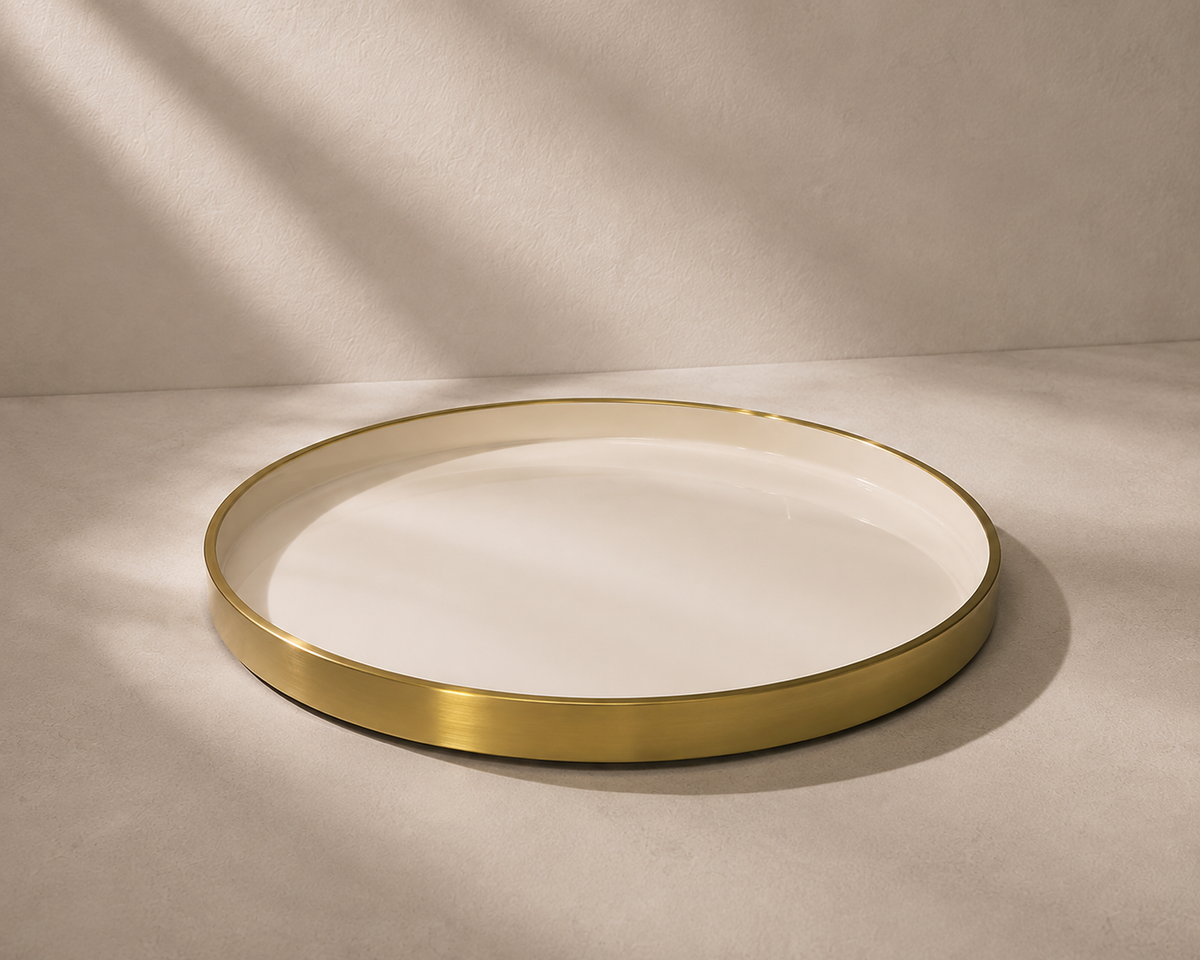 Navom Prana Aluminium Centerpiece Platter with Enamel Food Safe Laminate Interior and Brushed Gold Metallic Rim for Luxury Festive Table Decor and Corporate Diwali Gifting