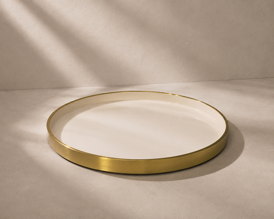 Navom Prana Aluminium Centerpiece Platter with Enamel Food Safe Laminate Interior and Brushed Gold Metallic Rim for Luxury Festive Table Decor and Corporate Diwali Gifting