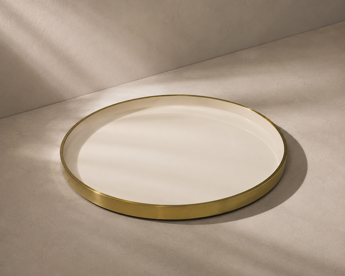 Navom Prana Aluminium Centerpiece Platter with Enamel Food Safe Laminate Interior and Brushed Gold Metallic Rim for Luxury Festive Table Decor and Corporate Diwali Gifting