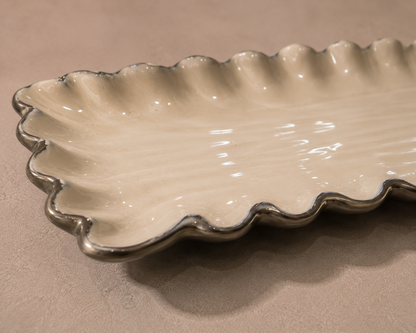 Navom Tarang Slender Aluminium Serving Platters showing Scalloped Ripple Edges with Seamless Enamel Food Safe Laminate Finish for Festive Diwali Table Decor and Corporate Gifting