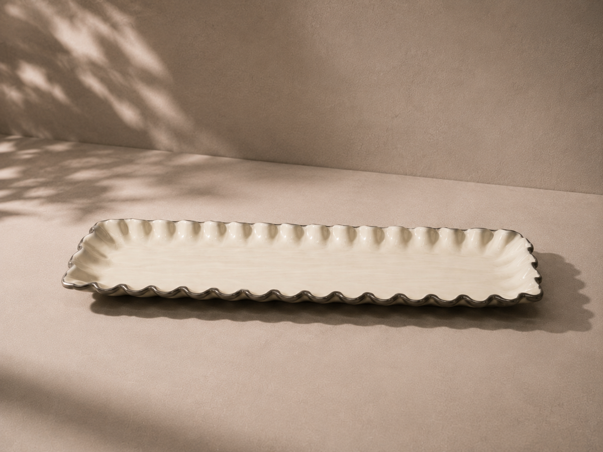 Navom Tarang Slender Aluminium Serving Platters showing Scalloped Ripple Edges with Seamless Enamel Food Safe Laminate Finish for Festive Diwali Table Decor and Corporate Gifting