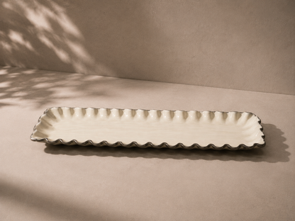 Navom Tarang Slender Aluminium Serving Platters showing Scalloped Ripple Edges with Seamless Enamel Food Safe Laminate Finish for Festive Diwali Table Decor and Corporate Gifting