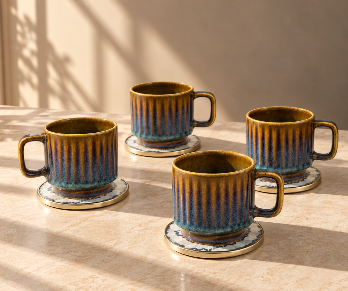 Four ceramic coffee mugs with matching saucers, featuring a textured vertical ribbed pattern in metallic gold and deep blue, arranged on a light beige stone surface with warm natural sunlight and shadows.