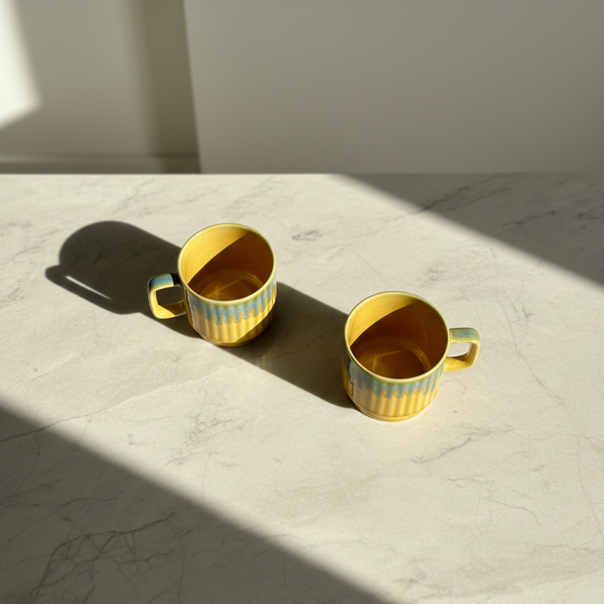 Two yellow ceramic mugs with blue-green striped handles, placed on a light marble surface in natural sunlight with soft shadows.