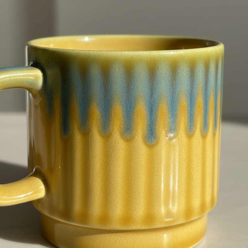 A yellow ceramic mug with a blue drip glaze design, featuring a ribbed texture and a handle on the left side, set against a neutral gray background.