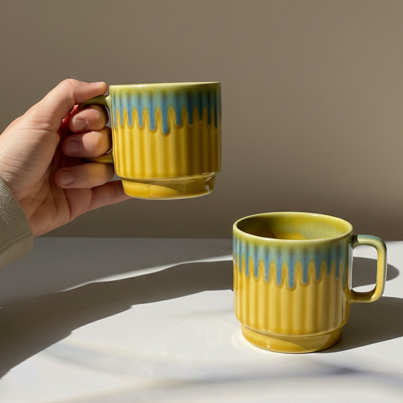 A hand holds a yellow ceramic mug with a blue drip glaze above a second matching mug on a white surface, with warm sunlight casting shadows against a beige wall.
