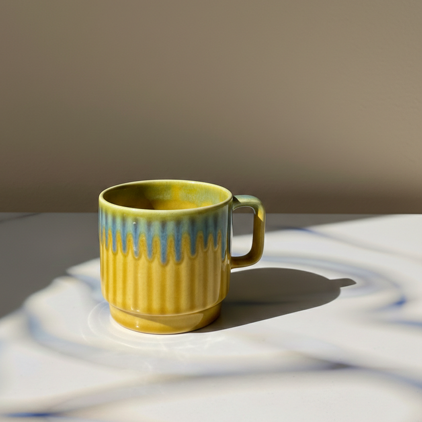 A yellow ceramic mug with a blue-green drip glaze and vertical fluting, placed on a white surface with strong sunlight and shadows.