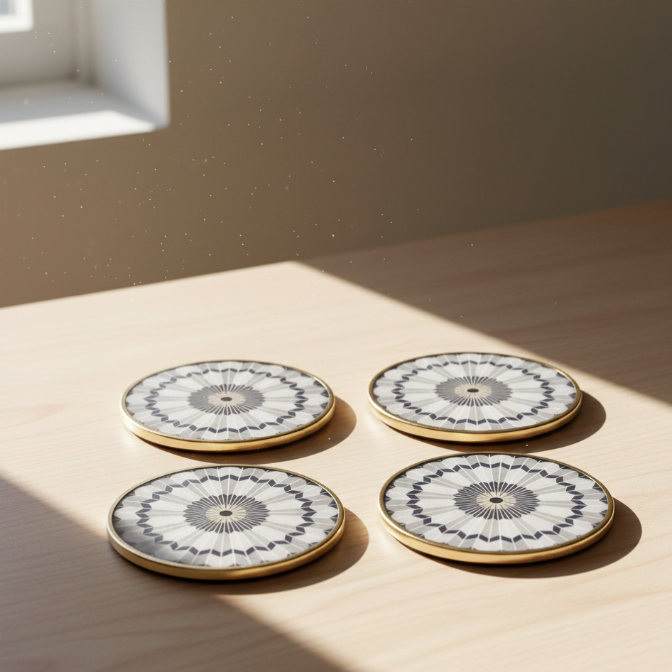 Four decorative coasters with a geometric pattern on a wooden surface.